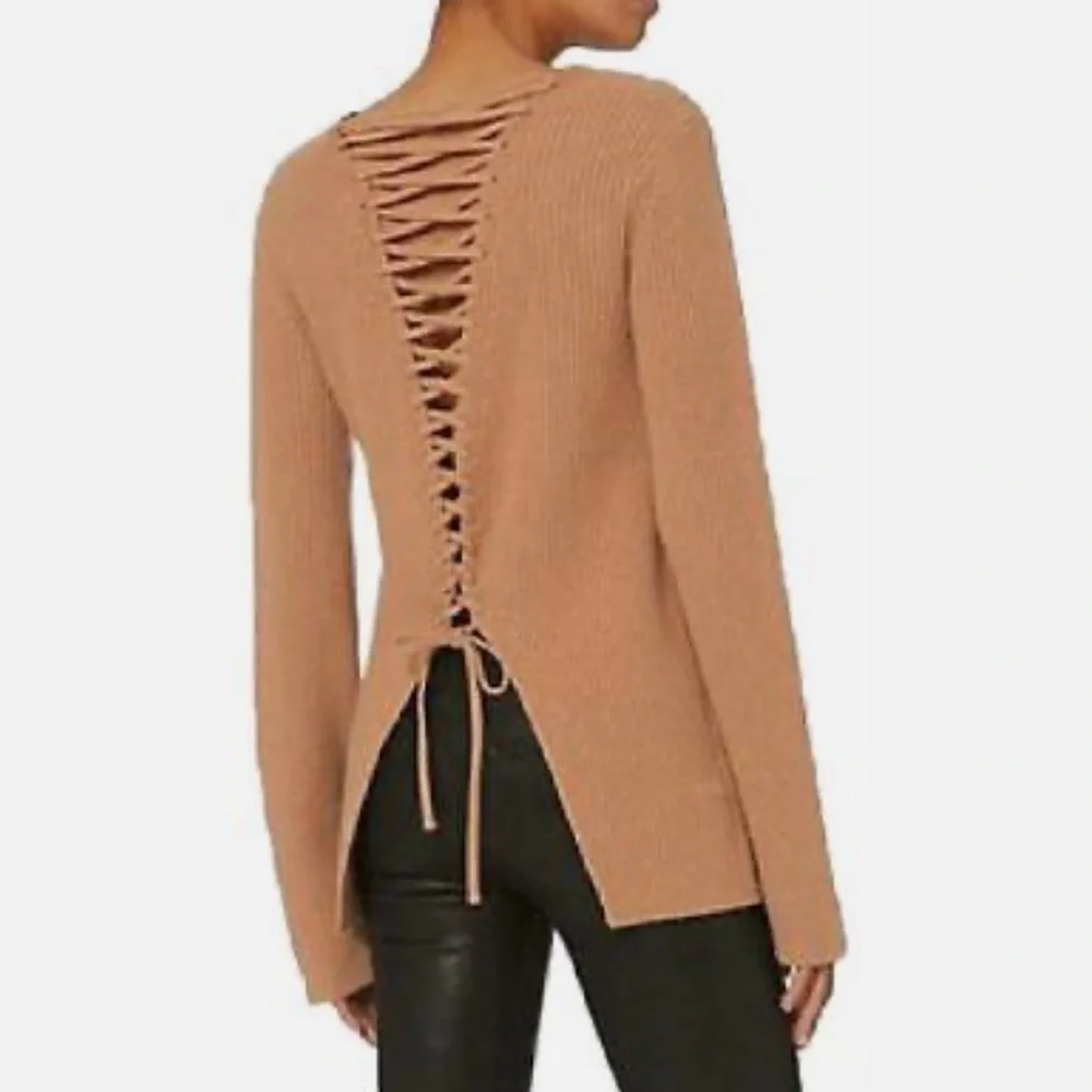 A.L.C. Camel Tan MARKELL Wool Cashmere‎ Lace-Up Back Crewneck Sweater